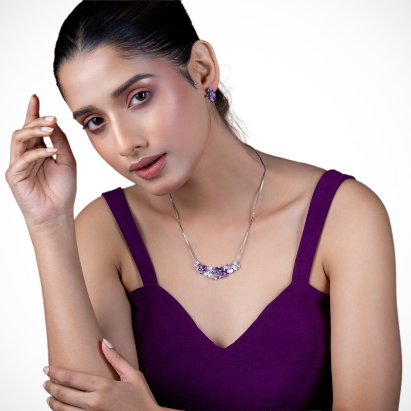 Vyanika Purple Bloom Necklace Set with Earrings